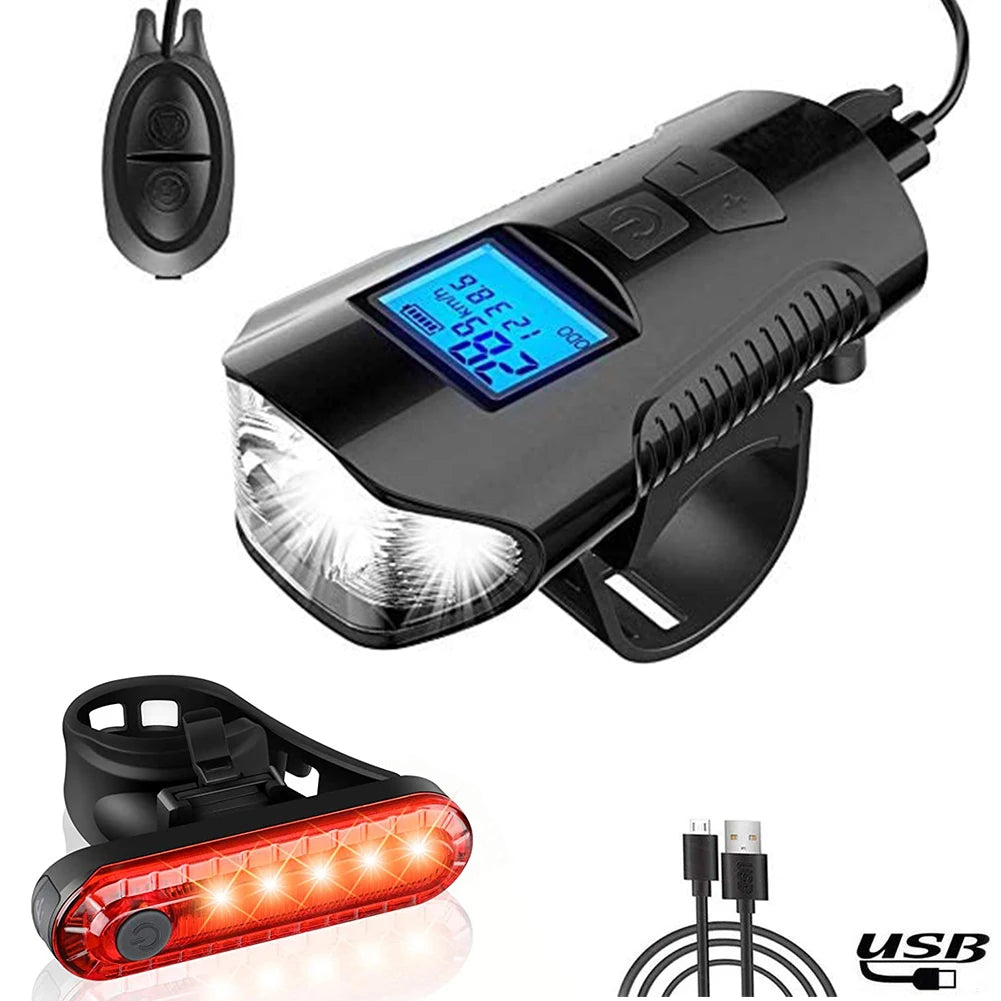 Bike Light Set,Bicycle Headlight with Horn and Speedometer Odometer,USB Rechargeable Bike Front Light and Tail Light Qme Default Title