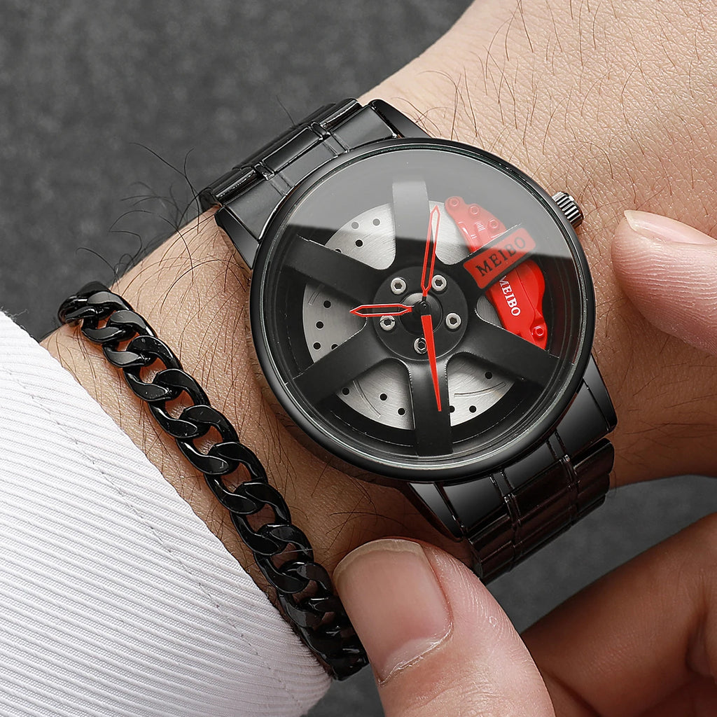 2PCS Fashion Men's Sports Watch Car Wheel Steel Strip Watch Men's Quartz Watch Set (Box free) Qme
