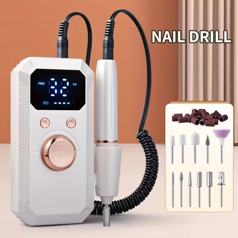 New Professional Electric Nail Art Drill Portable Electric File HD Display Multi Head Replaceable Nail Art Lathe Grinder Qme WHITE