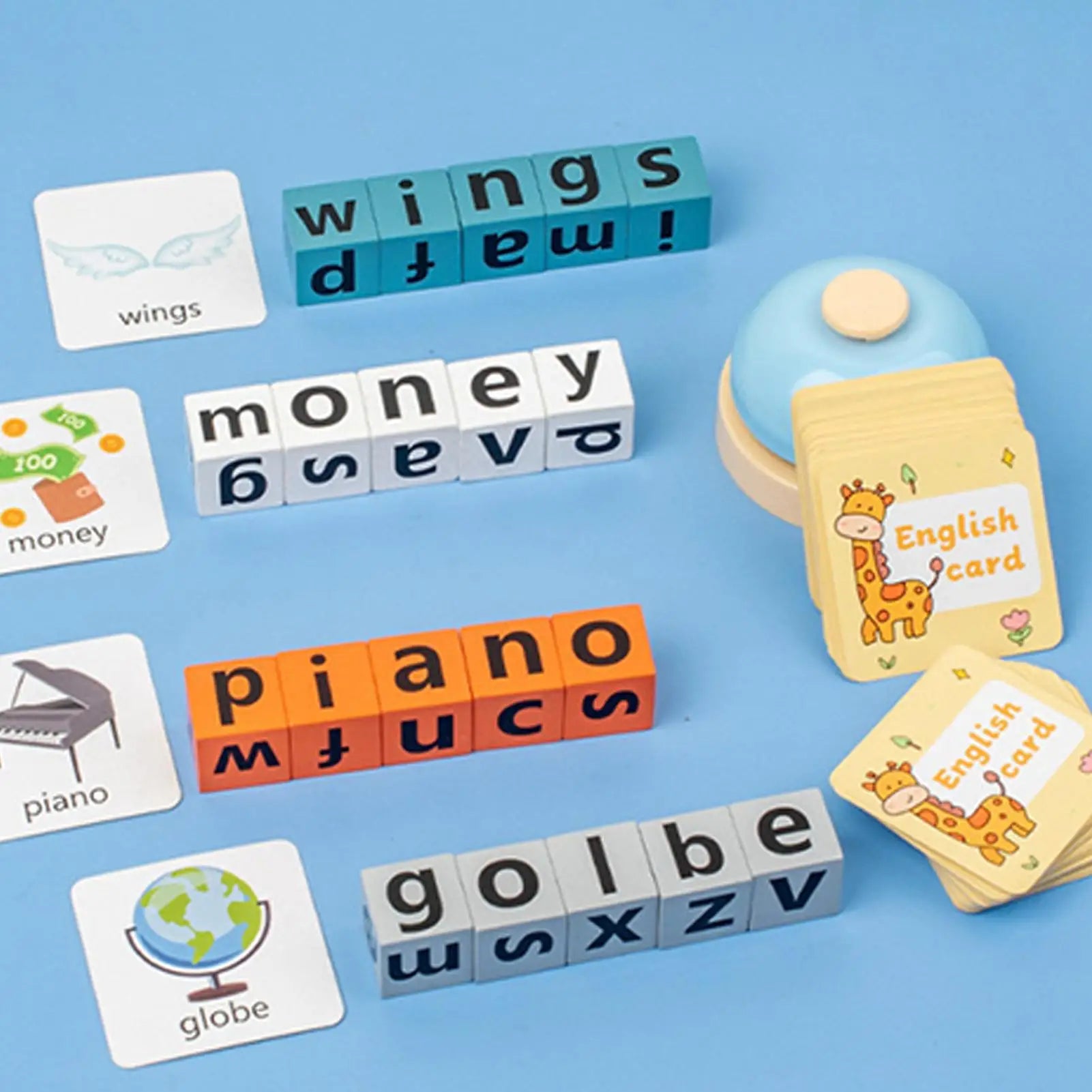 Wood Spelling Blocks Matching Letter Game with Flash Card Learning Toy with Bell Sight Words Recognition Game for Kids Ages3 4 5 Qme