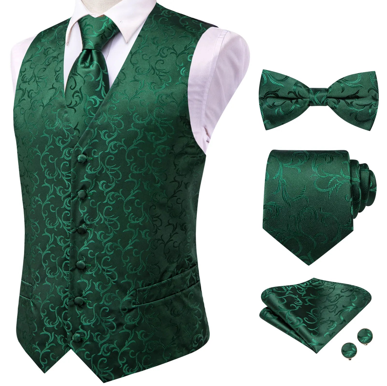 Blue Green V-Neck Paisley Waistcoat 5Pcs Set Vest Tie Bowtie Hanky Cufflinks Formal Suit Qme HT-MJTZ0143 XL