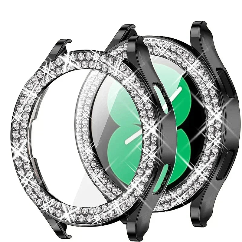 Bling Case for Samsung Galaxy Watch 6 4 Case 40mm 44mm Accessories Fashion Two Rows Diamond bumper Galaxy Watch 5 6 40 mm Cover Qme Black For Galaxy Watch6 40
