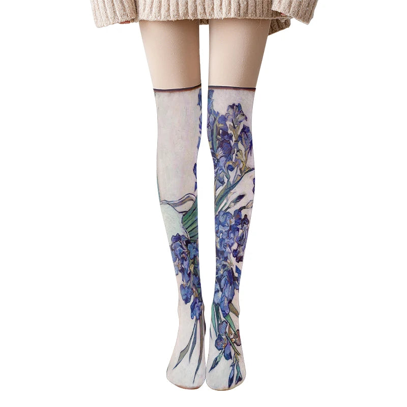 Van Gogh Retro Oil Painting Thigh Stockings Starry Sky Sunflower Qme style7 One Size