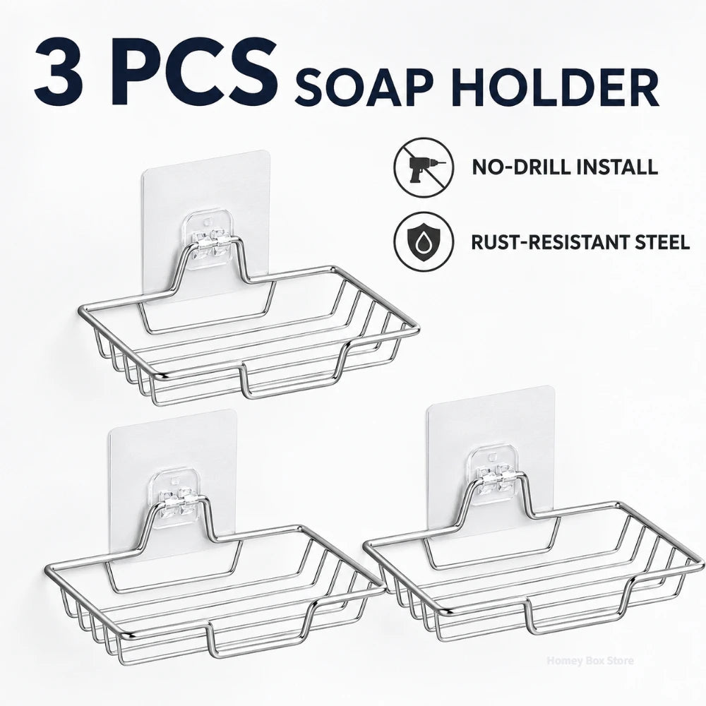 Self Adhesive Stainless Steel Soap Dish 1/3/5Pcs Wall Mounted Soap Drain Rack Bathroom Shower Soap Holder Storage Organizer Qme