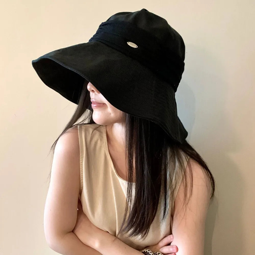 Solid Color Cotton Linen Fisherman Hat Cotton Linen Wide Brim Sunshade Hat Breathable Sun Protection Summer Sun Hat Ladies Qme Black