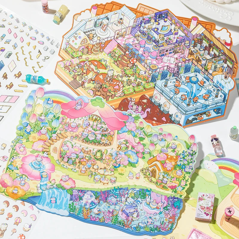 3pcs Cartoon Puzzles Stickers Cute Visual 3D Stereoscopic Cabin Decompression Scene Tent Sticker Handmade Stacking Scene Sticker Qme