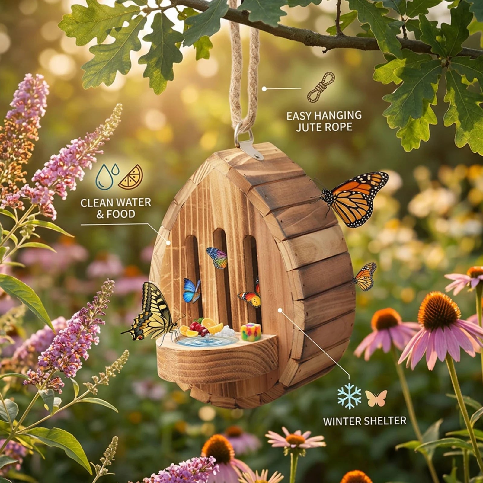 Wood Butterflies Houses with Rope Wooden Butterfly Habitat & Feeder 2In1 Hangable Decorative Nesting Box for Moths Bee Insect Qme