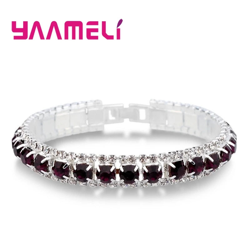 Top Sale 925 Sterling Silver Color Bracelet Full AAA Zircon Austrian Crystal Femme Women Link Chain Jewelry Bangles 14 Colors Qme Purple
