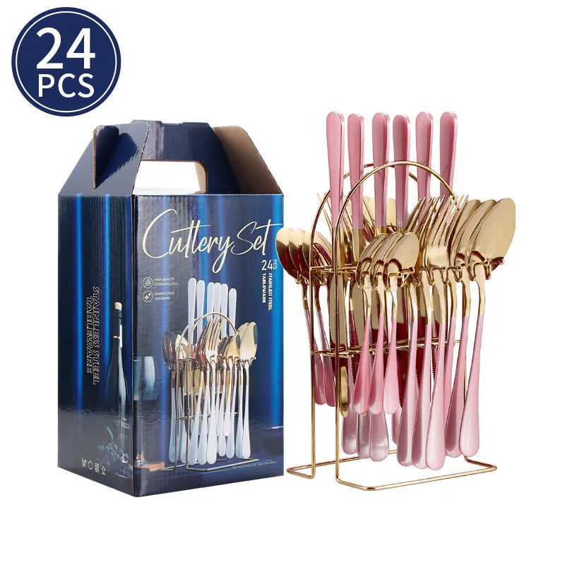 24-Piece Stainless Steel Tableware Set,Western Cutlery Steak Knife Fork Spoon, Gift Box Set for Home Restaurant Wedding Gift Qme