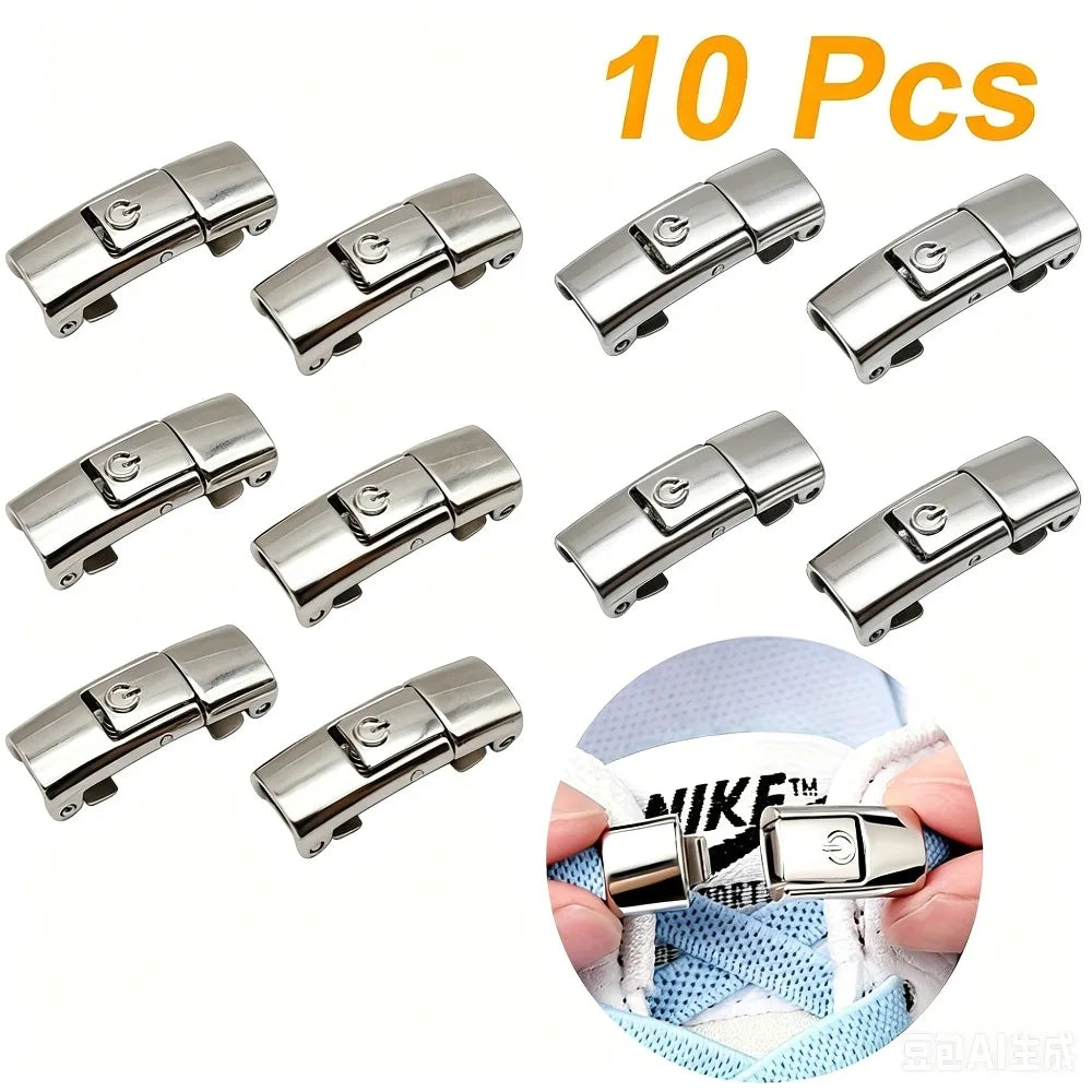 Shoe Lace Buckle Lock Metal Quick and Easy Shoelace Without Lace Buckle Switch Logo Suitable for Children and Adults Shoe Laces Qme Silvery 10pcs 5pairs