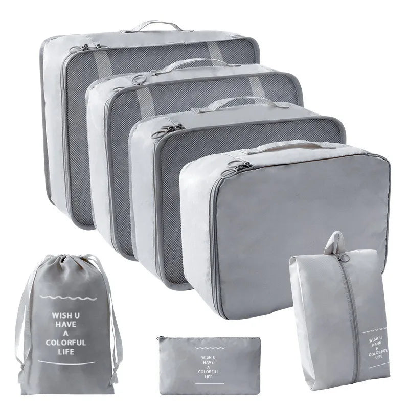 Portable Travel Organizer Storage Bags Set Suitcase Packing Cubes Set Cases Portable Luggage Clothes Shoe Tidy Pouch Folding Bag Qme 7 PCS Grey