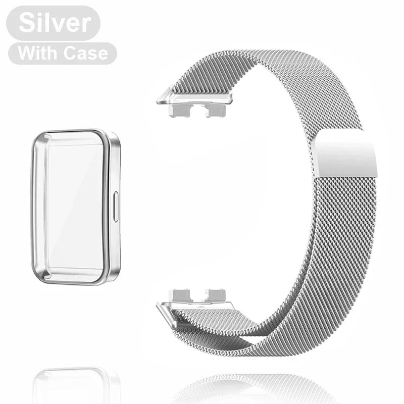Metal Strap For Huawei Band 8 9 Bracelet With TPU Case Screen Protector Soft Film Replacement Milanese Magnetic Loop Watchband Qme SilverBand with Case For Huawei Band 9