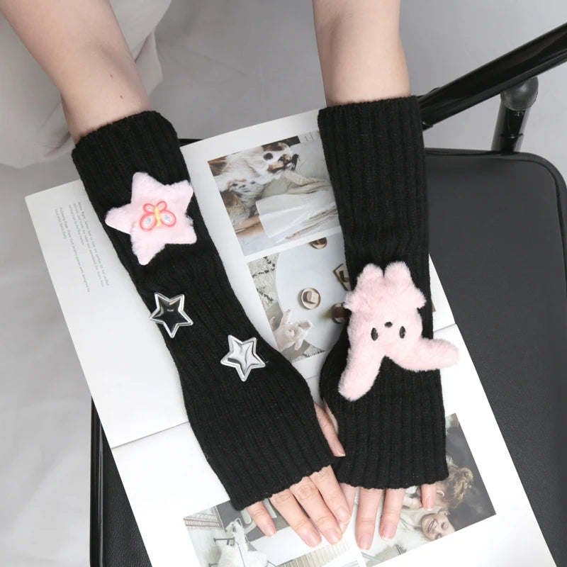 1 Pair of Girls Cute Fingerless Gloves with Star Decoration Fashionable Accessory Gloves Casual Long Wrist Punk Gothic Gloves Qme black