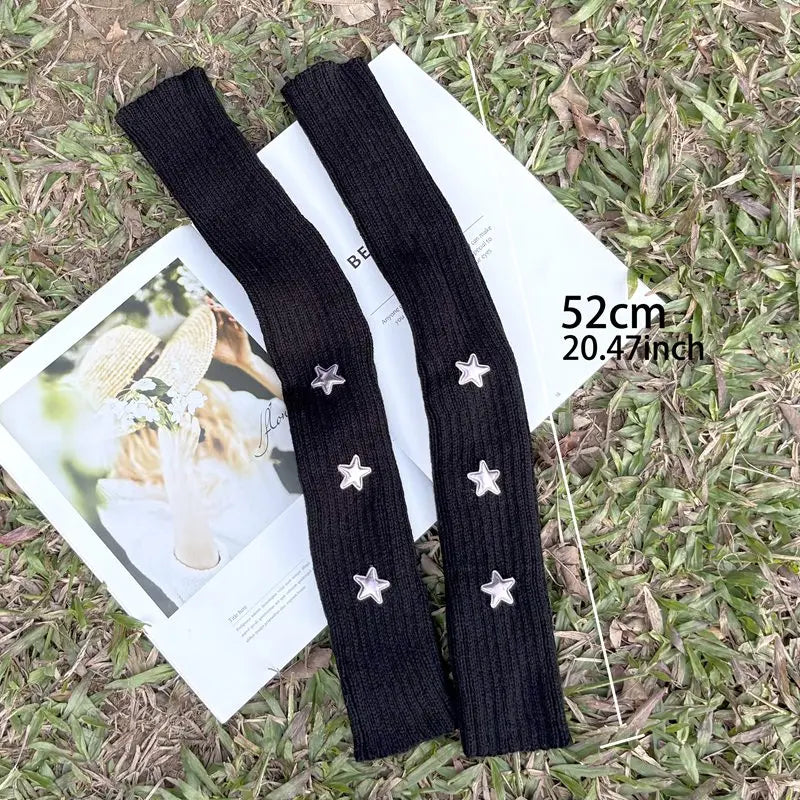 Y2k Fingerless Gloves Fashion Women Warm Arm Sleeve Knitted Star Decoration Mitten Casual Long Wrist Mittens Punk Gothic Gloves Qme 52cm black