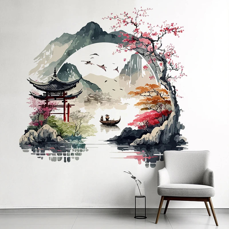 Landscape Painting Birds Mountain River Wall Sticker Background Home Qme