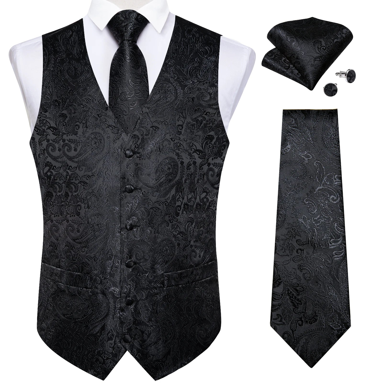 Men's Paisley Suit Vest Tie Formal Waistcoat Necktie Pocket Square Qme MJTZ0186 S