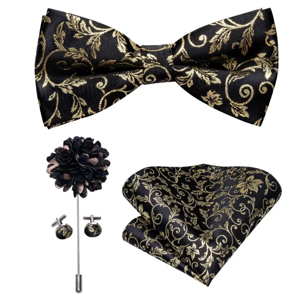 Hi-tie Silk Men's Bowtie Pocket Square Cufflinks Brooch Jacquard Qme LH0519-0063