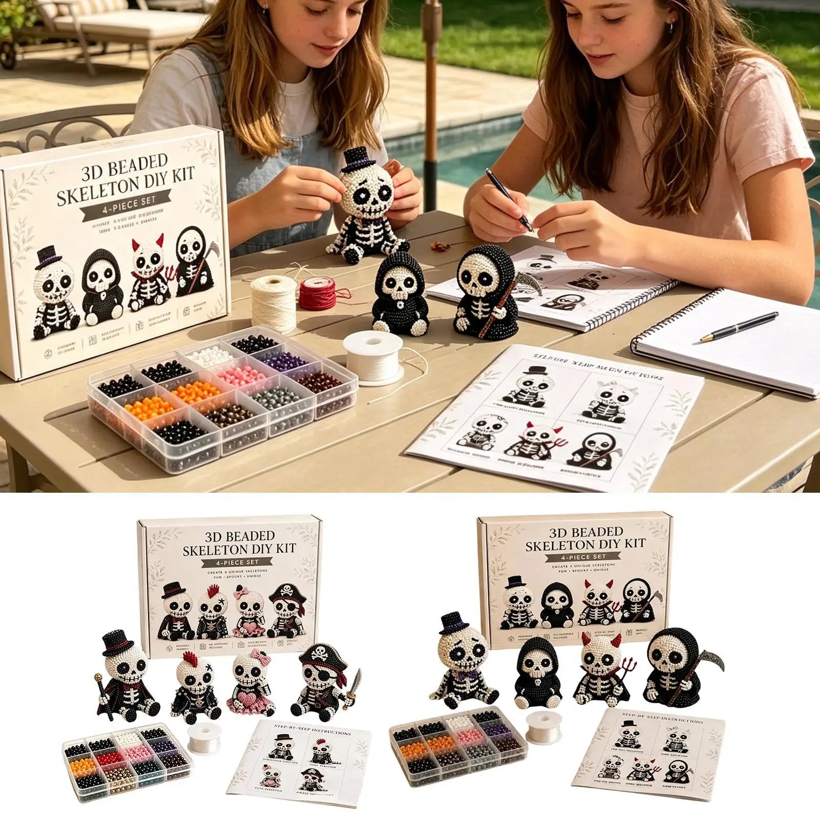 3D Beaded Skeleton Craft Set Halloween Adorable Keepsake Mini 3D Beaded Skeleton Crafting Set for Home Party Classroom School Qme