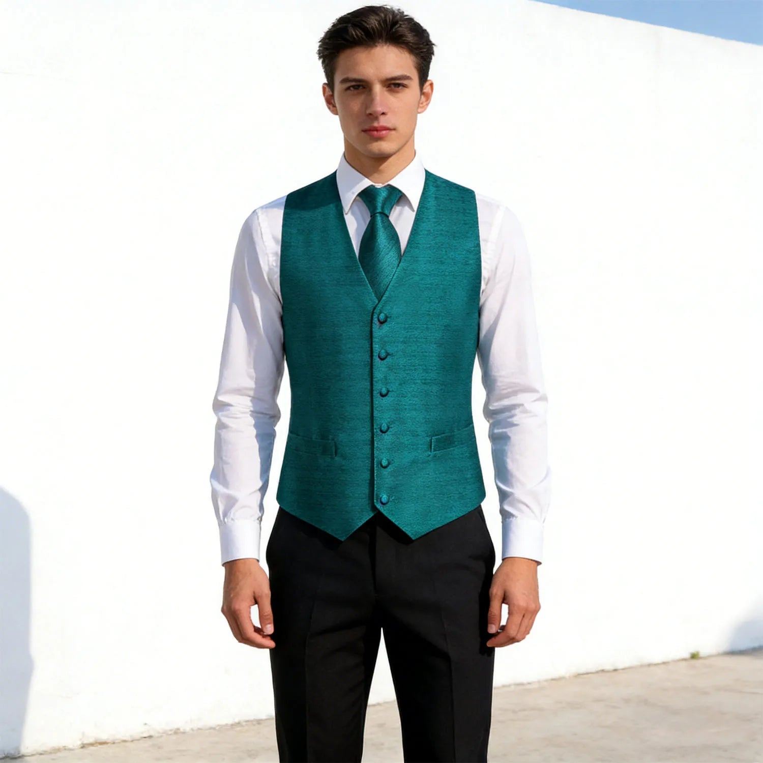 Men's Teal Textured Vest & Matching Tie Set – Fit Formal Waistcoat for Weddings, Proms and Business Events Qme