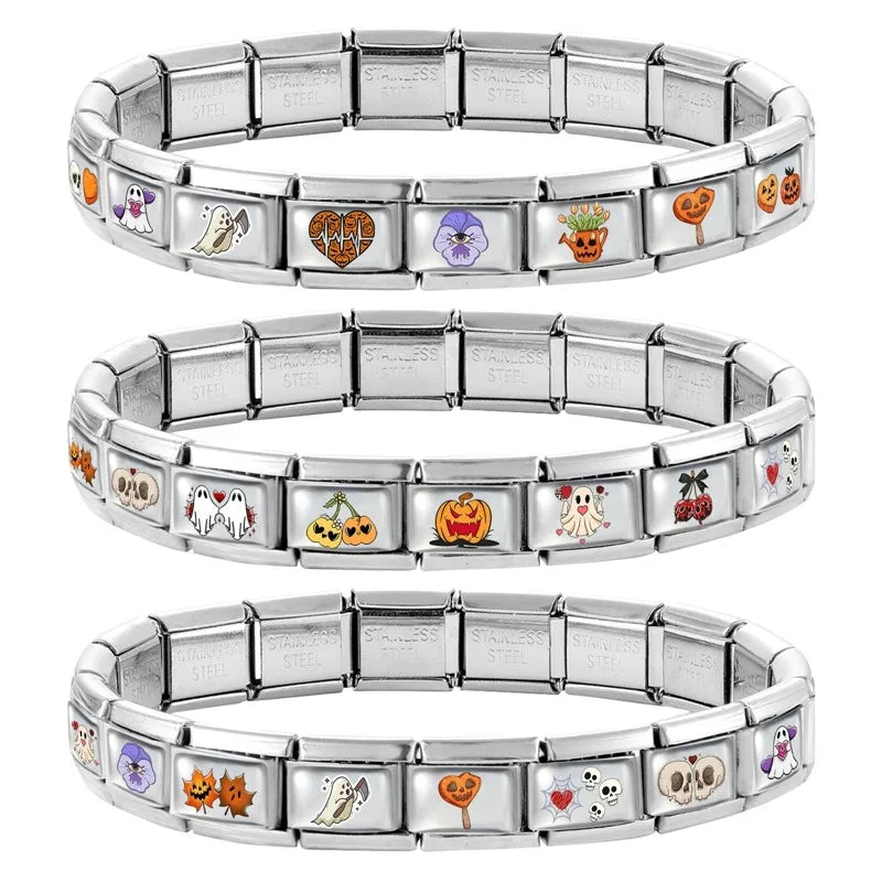 New 2026 Design Halloween Cherry Bow Pumpkins Ghost Italian Charm Links Fit 9MM Stainless Steel Bracelet Jewelry DIY Making Gift Qme