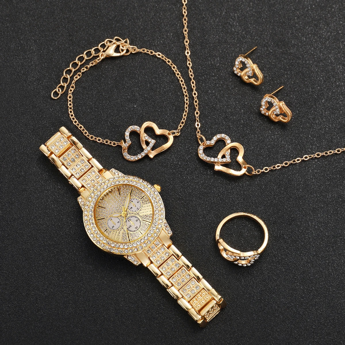Luxury 5 In 1 Full Crystal Gold Watch Interlocking Heart Necklace Earrings Ring Bracelet Set Qme