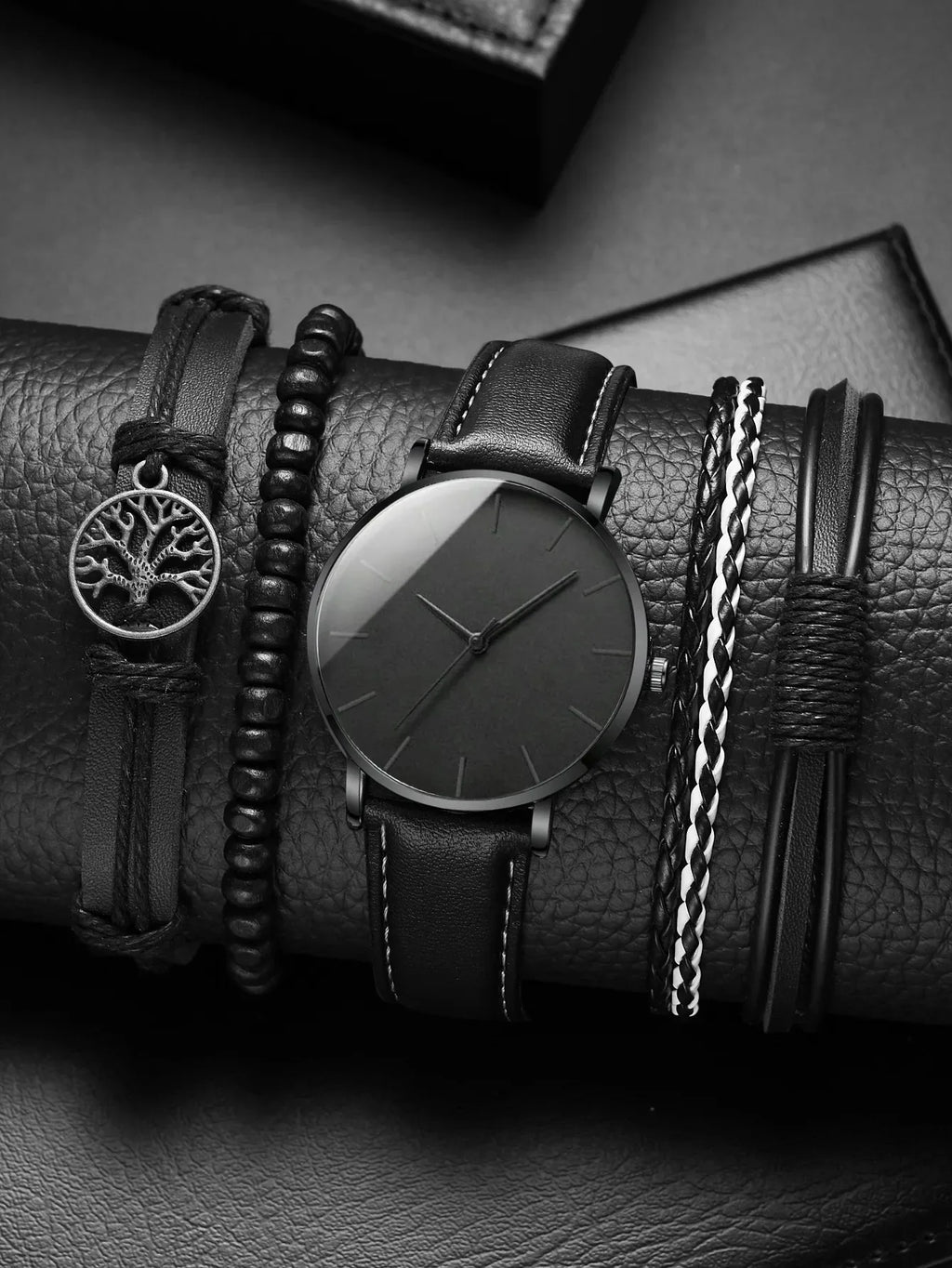 Watch New Men Watch Luxury Bracelet Set Fashion Business Black Leather Quartz Wrist Watches For Men Gift Set Relogio Masculino Qme