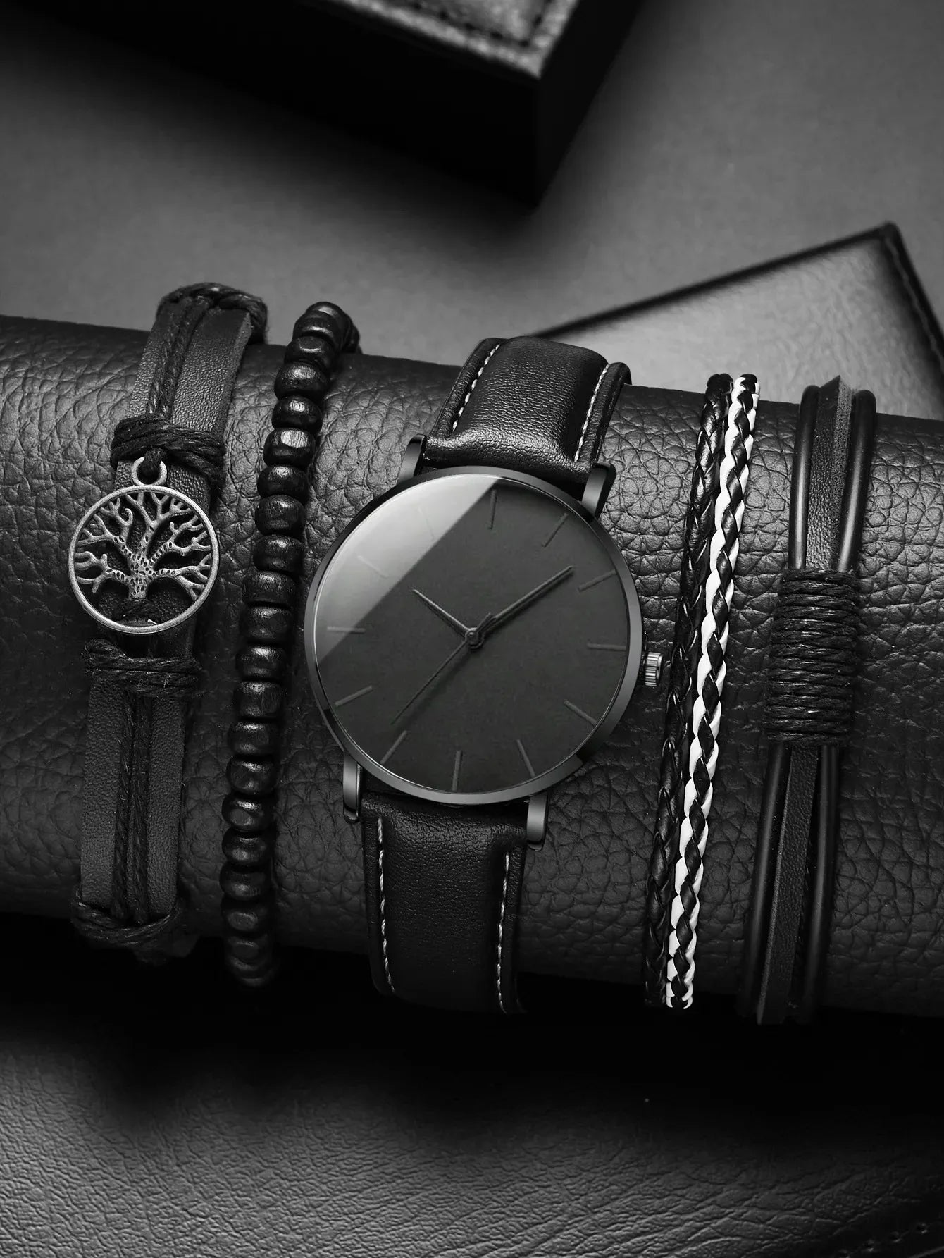 Watch New Men Watch Luxury Bracelet Set Fashion Business Black Leather Quartz Wrist Watches For Men Gift Set Relogio Masculino Qme