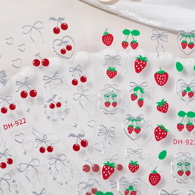 Fresh Sweet Fruits Strawberry Cherry Bowknot Love Heart Bow 5D Nail Qme