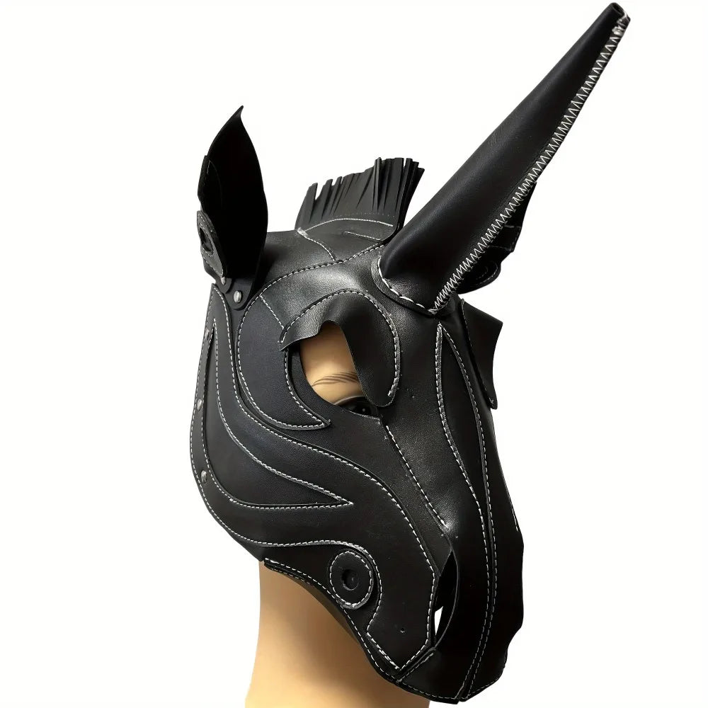 Unicorn Mask Full Face Hood Cosplay Steampunk Halloween Costume Props Party Dress-Up Adjustable Horse Head Animal Hood Handmade Qme