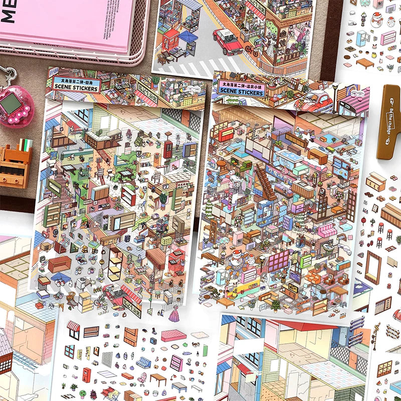 Oversized Street Scene Stickers, 3D Greeting Card DIY, High-Value Stationery Gift, Perfect for Leisure Time & Art Collection Qme 2 bags