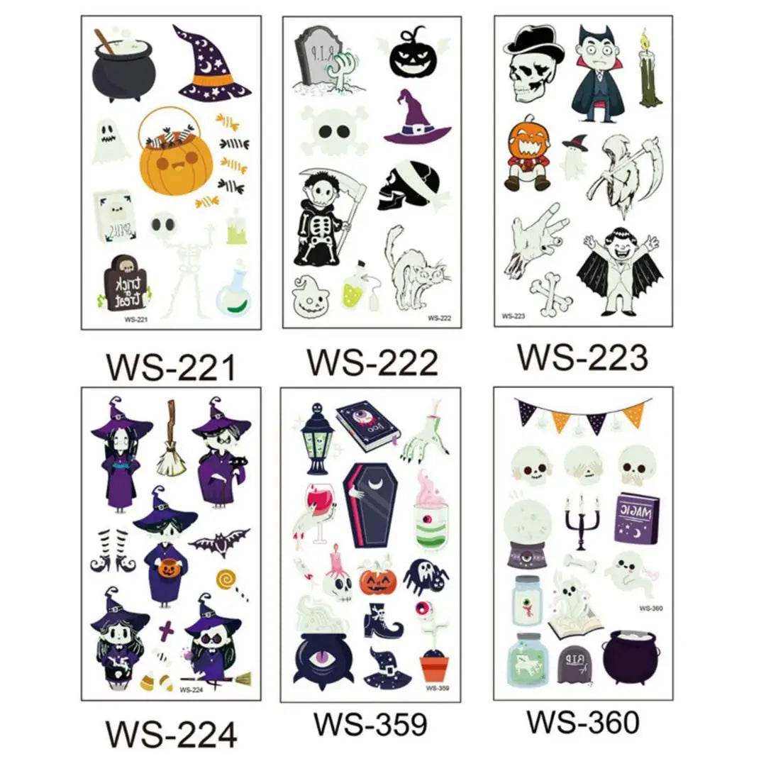A Halloween Kids Toy Gift 6/8 Sheets Glowing Pumpkin Knife Fake Tattoos, Waterproof Body Stickers for Arm Hand Cosplay Decor Qme 6pcs WS-221WS360