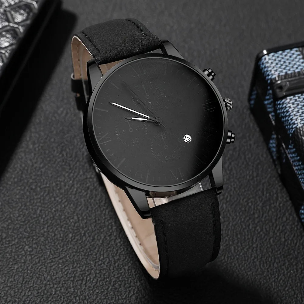 3PCS Fashion Roma Dial Men Business Watches Casual Leather Band Calendar Quartz Wristwatch Jewelry Set Reloj Hombre（Without Box） Qme