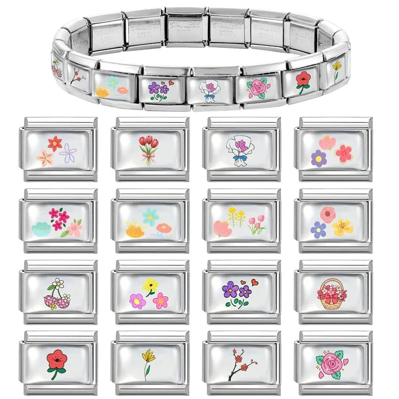 Design Colorful Earth Sun Sunflowers Stainless Steel Link fit 9mm Italian Flowers Series Jewelry Making DIY Charm Bracelet Gifts Qme