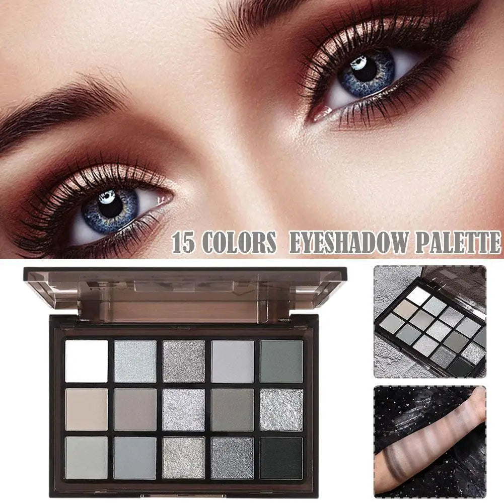 15Colors Black Grey Smokey Eyeshadow Palette, Matte Black White Gray Silver Smoky Eye Shadow, Black Eyeshadow Makeup Goth Look Qme