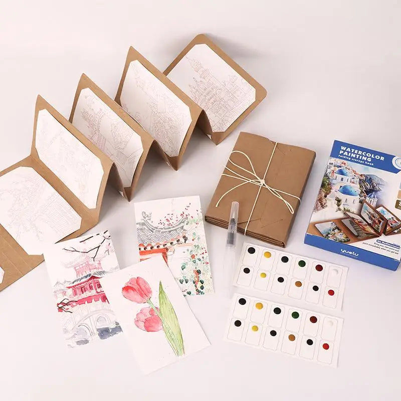 9 Sheets Watercolor Painting Thick Folding Storage Book Pen Holiday Qme