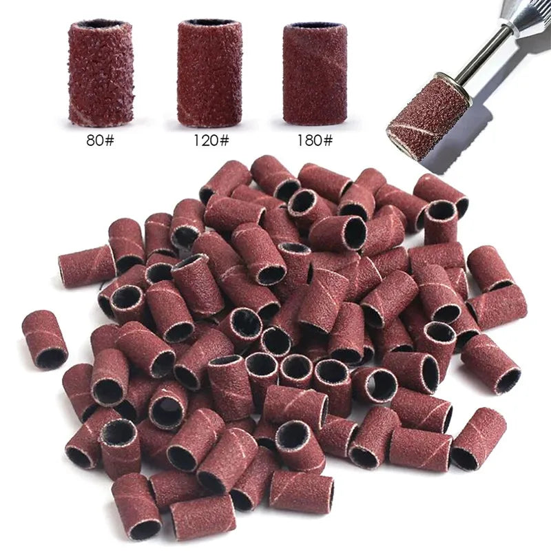 10pcs Sanding Cap Bands For Electric Manicure Machine 180/120/80 Grit Nail Drill Grinding Bit Files Pedicure Tool Set Qme