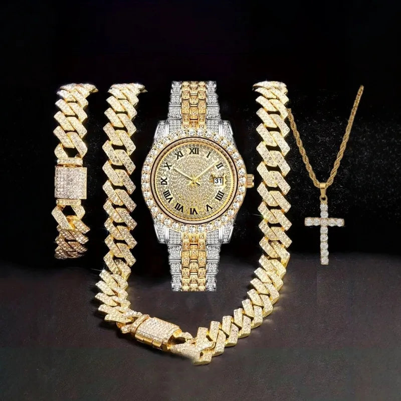 4-in-1 Hip Hop Jewelry Set for Men, Two-tone Iced Out Watch + Cuban Link Chain + Bracelet + Cross Necklace, Gold Silver Tone Qme