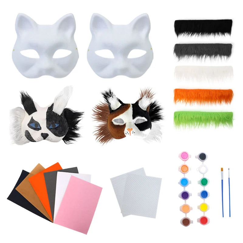 3pcs/set DIY Handmade Graffiti Half Face Therian Mask Set Blank Masks Hand Painted Animal Party Gifts Masquerade Party Qme