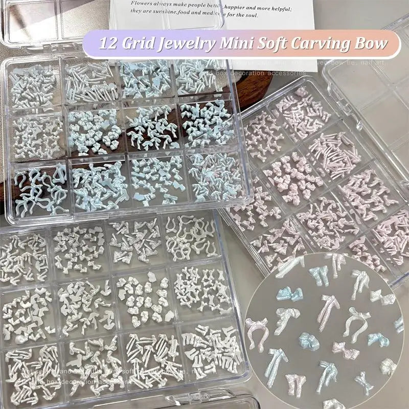 12 Grids Bow Mixed Mini Nail Art Rhinestone Nails Decals Design Charm Qme