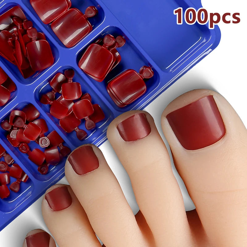 Fake Toenail Natural Solid Press Toe Foot Full Cover Square Nails Art Qme Wine red