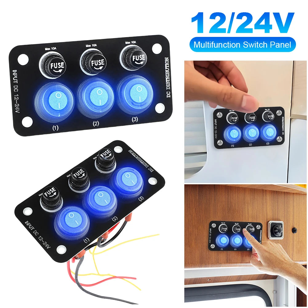LED Marine Boat Rocker Switch Panel 12V-24V Toggle Switch Panel Light 10A Fuse Blade for Boat Truck Trailer Camper Caravan RV Qme