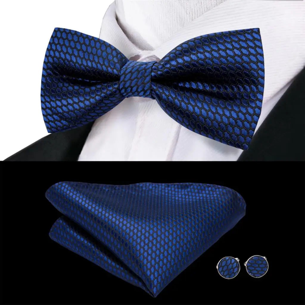 Navy Royal Sky Blue Silk Mens Bow Tie Hankerchief Cufflinks Pre-tied Qme LDLH0767