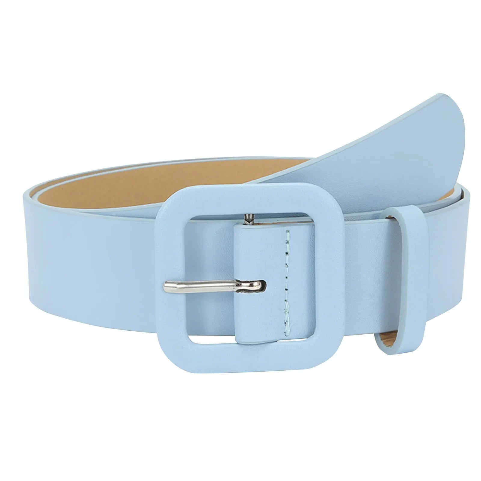 Ladies' Square Buckle Candy Colored Decorative Belt Fashionable Casual Versatile PU Leather Wide Belt Daily Dress Up Accessories Qme Sky Blue
