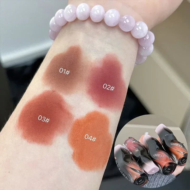 QIBEST 4 Colors Matte Velvet Lip Gloss Red Brown Lip Glaze Lasting Waterproof Orange Color Liquid Lipstick Natural Makeup Beauty Qme