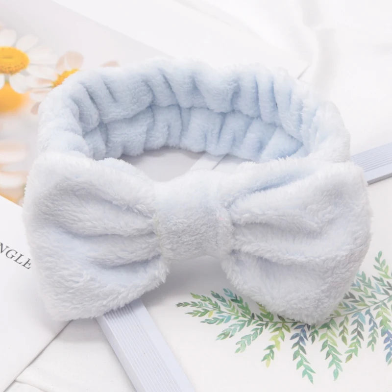 Soft Bow Headbands SPA Yoga Big Solid Coral Fleece Elastic Hair Bands Qme WHITE