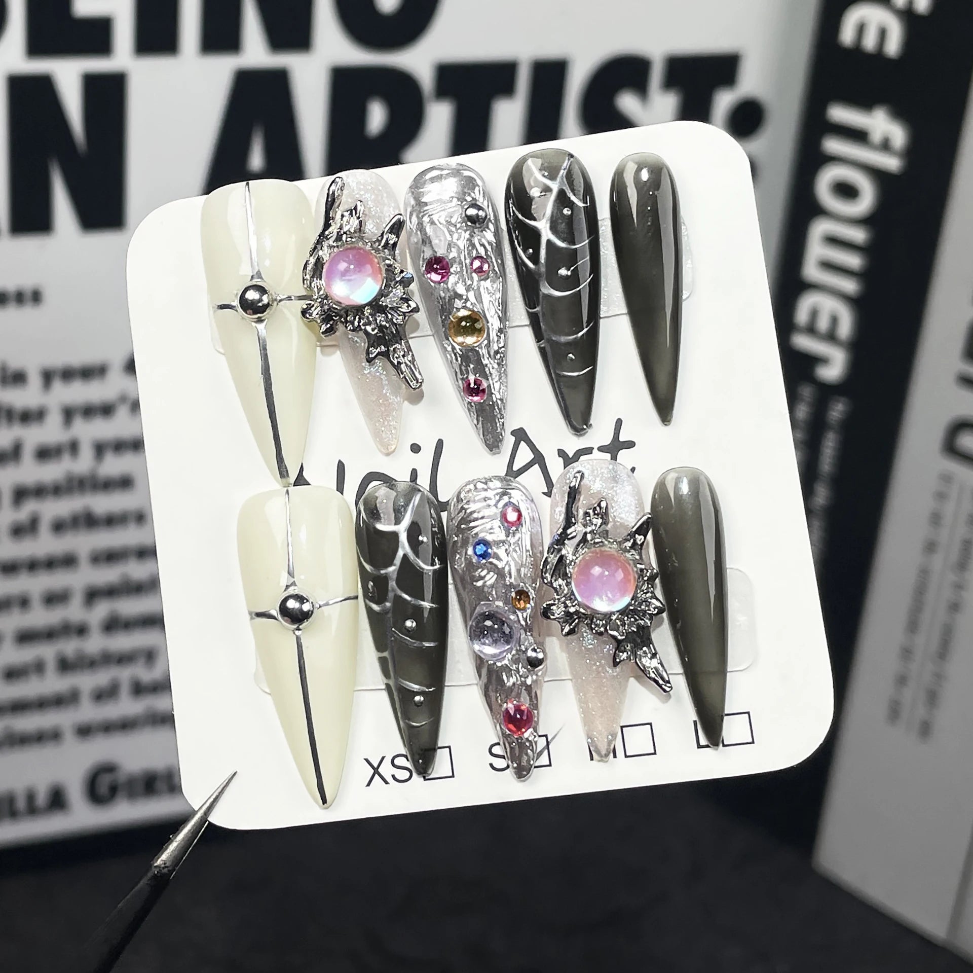 Y2K Cool Spice Girls Black Pink Long Tip Handmade Press Nails Cross Qme ZB30-S
