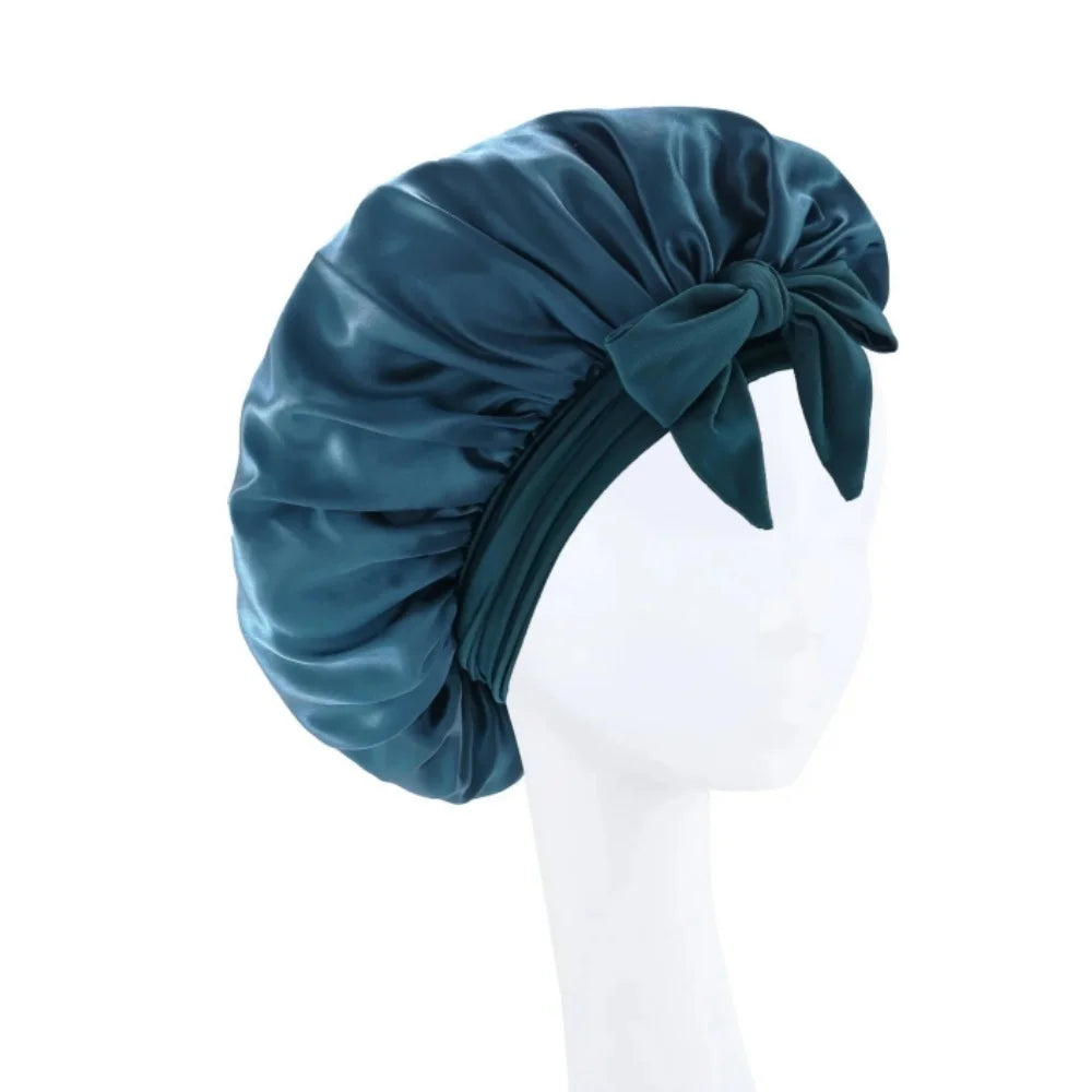 Satin Solid Hair Dye Cap With Stretchy Tie Band Elastic Night Shower Cap Adjustable Hair Head Cover Bonnet Turban For Women Men Qme green