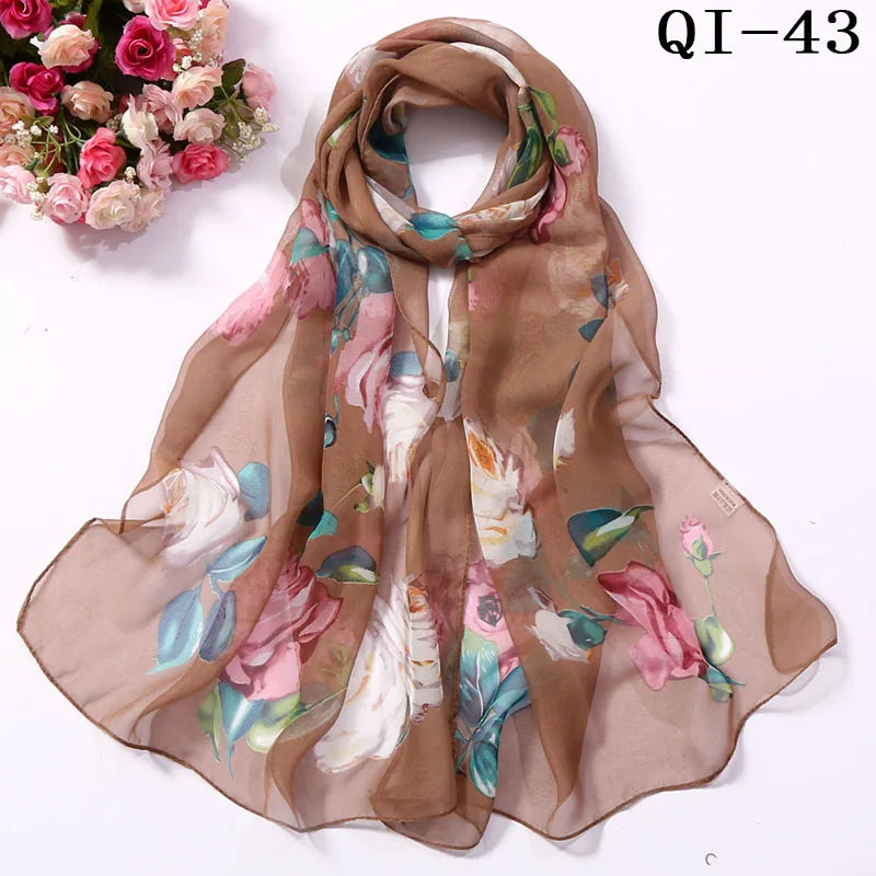 Painting Lotus Beach Sun Protection Chiffon Georgette Scarf Women Foulard Scarf Shawls Female Long Wraps Beach Sunscreen Hijab Qme QI-43