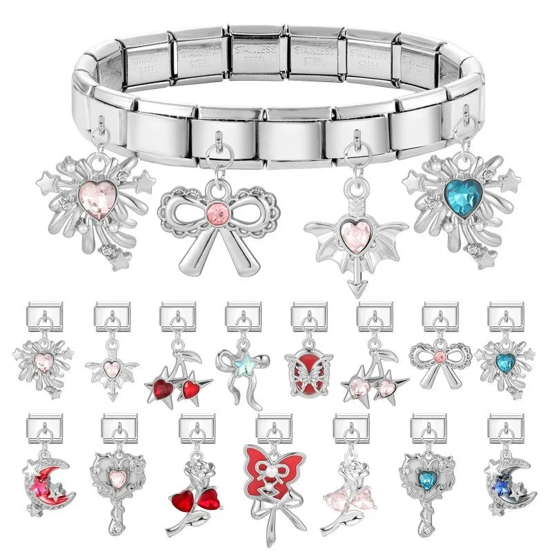 Shiny Colorful Zircon Pendant Series Red Cherry Bow Italian Charm Link Fit 9mm Stainless Steel Bracelet Women Jewelry DIY Making Qme