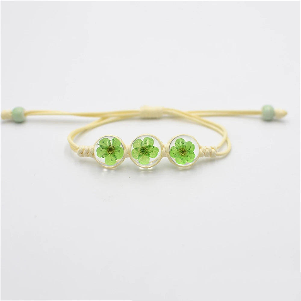 b22 Glass Ball Dried Cherry Blossoms Hand-made Dried Flower Charm Bracelets Multiple options Gifts Natural Flower Weave Jewelry Qme green